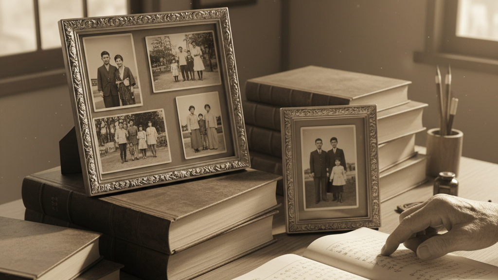 古書と家族写真のイメージ：親御様の人生の知恵を未来へ継承